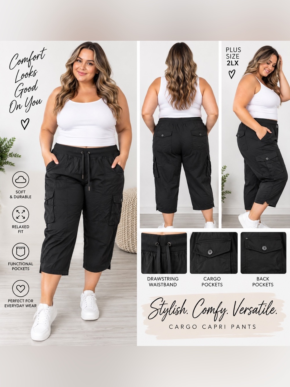 Plus Size Black Cargo Capri Pants - Women Pants & Jumpsuits